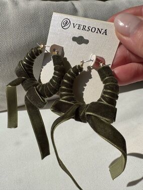 Versona Olive Velvet Bow Hoop Earrings with Gold Hardware